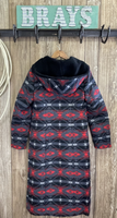 Ladies Black and Red Aztec Wool Long Coat  Button Closure, Front Pockets  Lined Hood  Shell:  90% Poly, 10% Wool  Lining:  100% Poly

