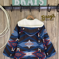 Powder River Aztec Wool Cape Coat -Teal  Beth Dutton inspired cape coat from Powder River  Button closure with hood  Shell:  90% Poly 10% Wool  Lining:  100% Poly