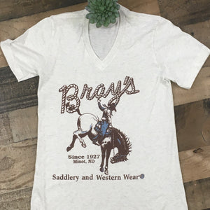 Bray's Saddlery Heather Ivory v neck short sleeve logo t-shirt