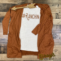 Ryanne Rust Colored Mid-Length Cardigan  95% Poly, 5% Spandex  *Heather Oatmeal #Ranchin T-shirt sold separately 