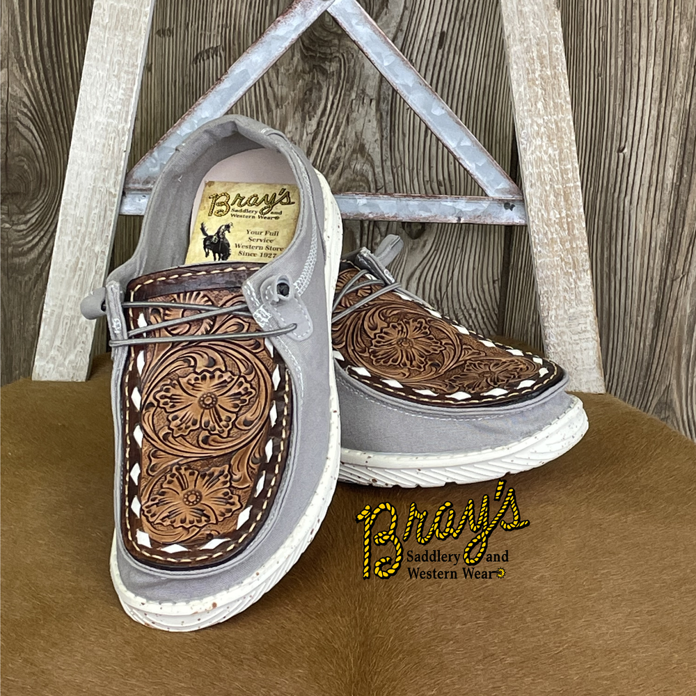 Ladies Grey Canvas Hand Carved Footwear  Leather Tooled In-lay on Foot  Rubber Outsole  Cushion Insole  Women's Whole Sizes only