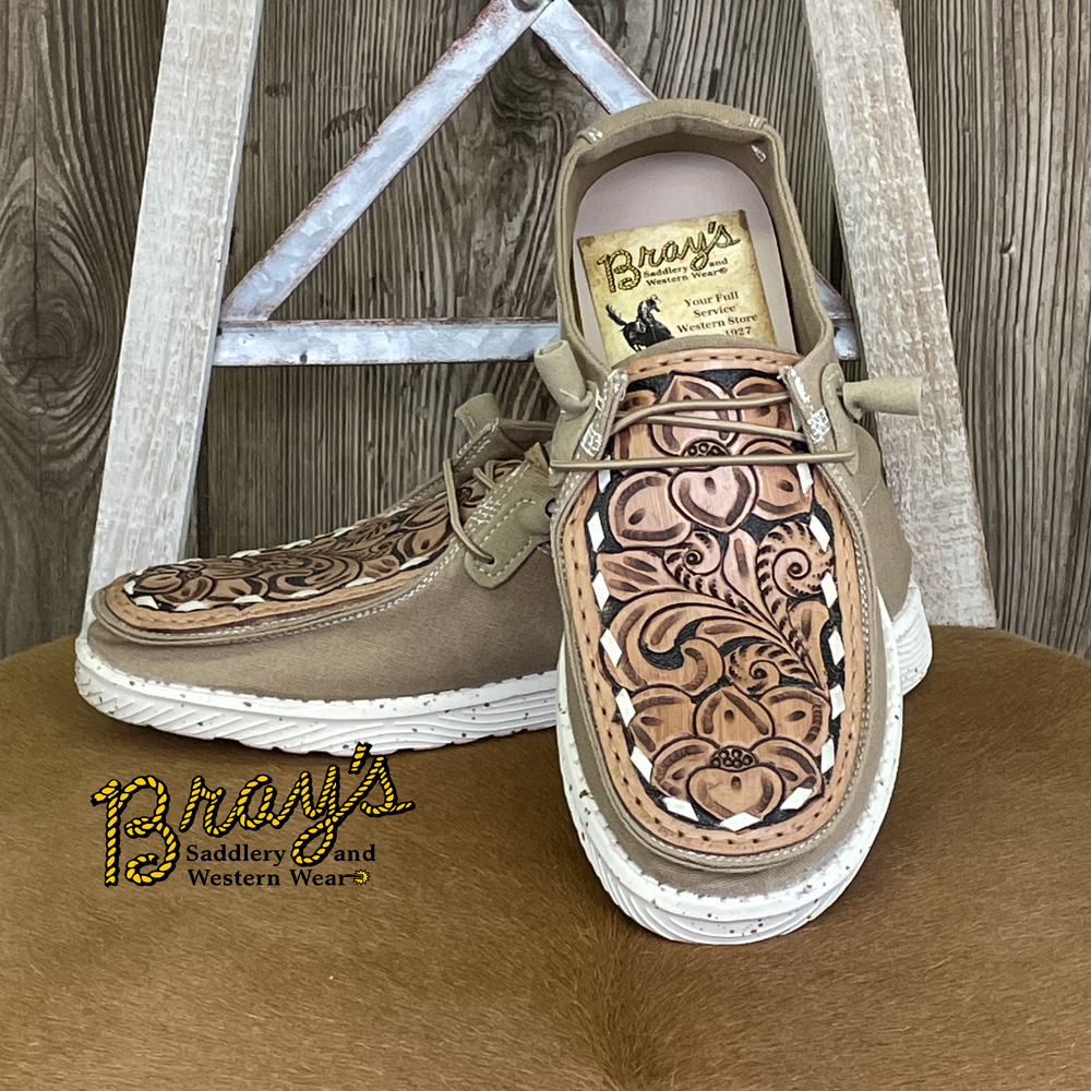 Ladies Tan Canvas Hand Carved Footwear  Leather Tooled In-lay on Foot  Rubber Outsole  Cushion Insole  Women's Whole Sizes only