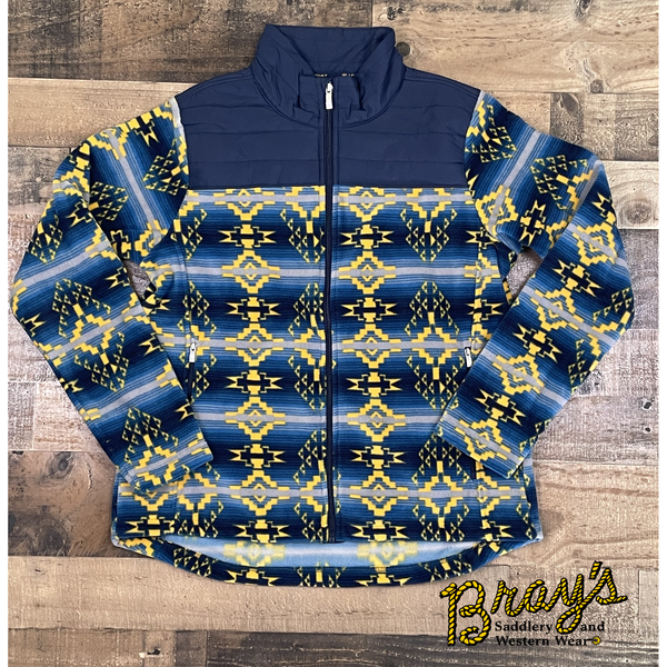 Ariat Real Prescott Fleece Navy Sonoran Print Jacket  With fleece on the body and insulation along the shoulders, this everyday jacket finds a great balance between functional warmth and comfort. The bold southwestern print adds a little color to life in and out of the saddle.  Embroidered detail Quilted insulted yoke in navy blue Embroidered shield logo on sleeve Zipper front pockets 100% poly