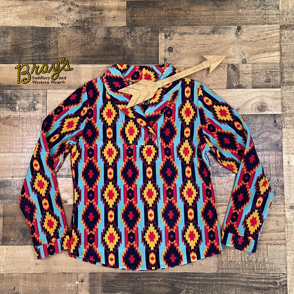 Janet Fleece Pullover  Raspberry/Yellow/Turquoise all-over Aztec Print  Shawl Collar with button closure   Non-pilling  Warming  100% poly