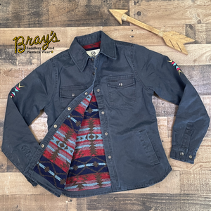 Ash Shirt Jacket  Snap front, Hip Pockets, Snap adjustable Cuffs  Embroidered Aztec Accents at Sleeves and Back  Fully Lined in Accent Serape  Shell:  65% cotton, 35% poly  Body Lining:  90% poly, 10% wool  Sleeve Lining:  100% poly  Fill:  100% poly
