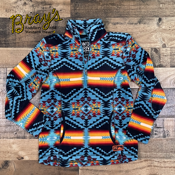 Kids Aztec Quarter Zip Pullover  Turquoise and Black all over Aztec print  Quarter Zip  Front Pocket  95% Poly, 5% Spandex