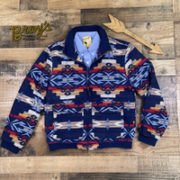 Men's Blue Aztec Bomber Coat  Knit Cuff Sleeve and Waist  Zip Closure  Front Pockets  Shell: 100% Cotton  Lining:  100% Poly  Fill:  100% Poly  **Blue shirt not included**