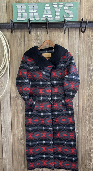 Ladies Black and Red Aztec Wool Long Coat  Button Closure, Front Pockets  Lined Hood  Shell:  90% Poly, 10% Wool  Lining:  100% Poly