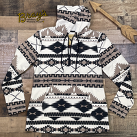 Powder River Ladies Aztec Knit Hoodie  Cream, Black & Taupe Aztec all over Print  Front Pocket  92% Cotton 8% Spandex