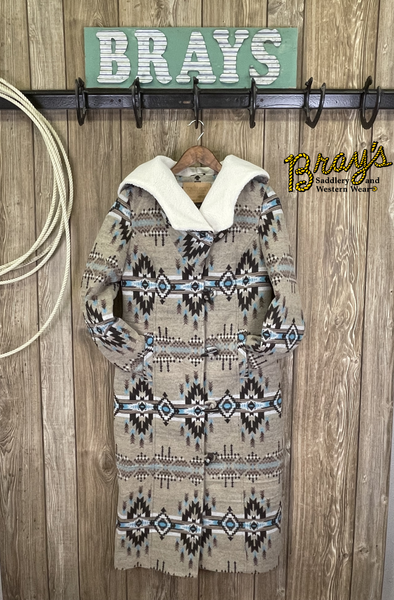 Ladies Aztec Tan Wool Long Coat  Button Closure, Front Pockets  Lined Hood  Shell:  90% Poly, 10% Wool  Lining:  100% Poly