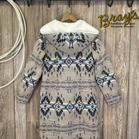Ladies Aztec Tan Wool Long Coat  Button Closure, Front Pockets  Lined Hood  Shell:  90% Poly, 10% Wool  Lining:  100% Poly